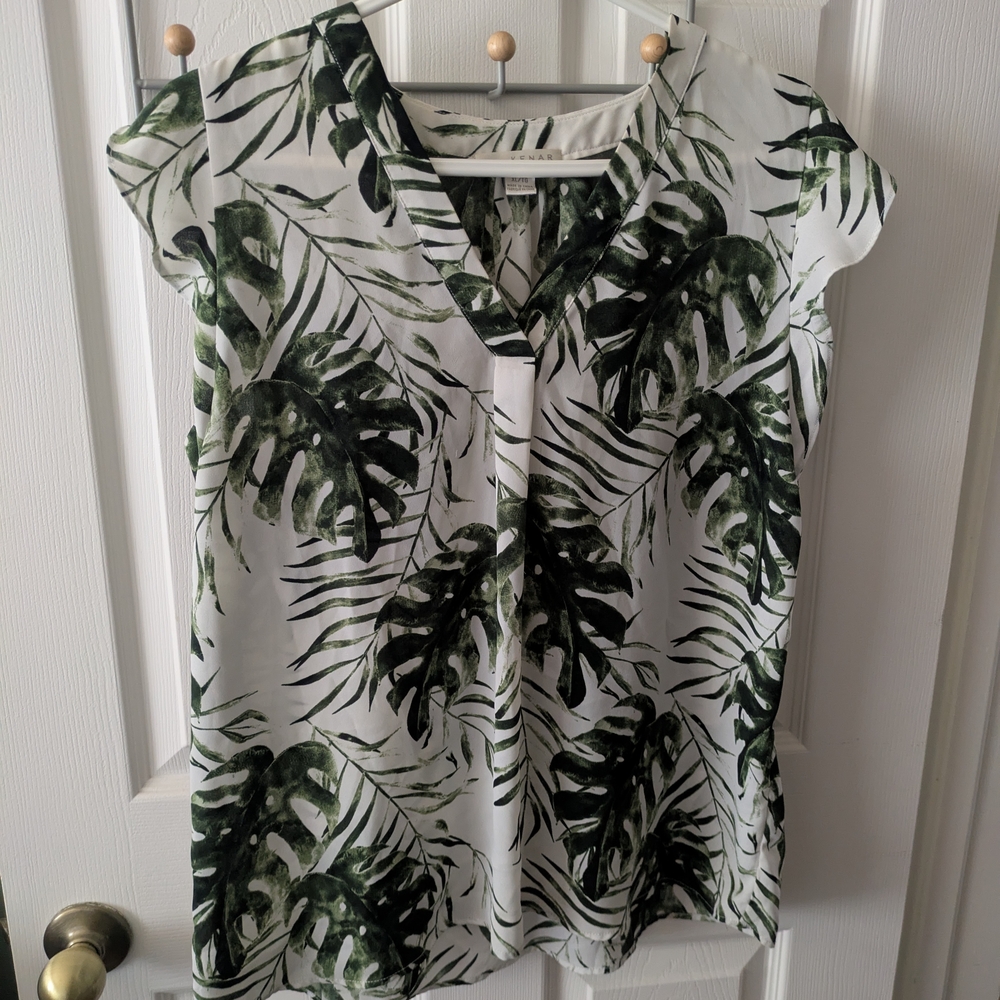 Kenar Green and White V-Neck Blouse with Ruffle Sleeves